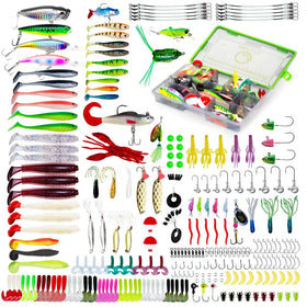 A vibrant green and clear plastic tackle box filled with an assortment of colorful fishing lures, hooks, and accessories.