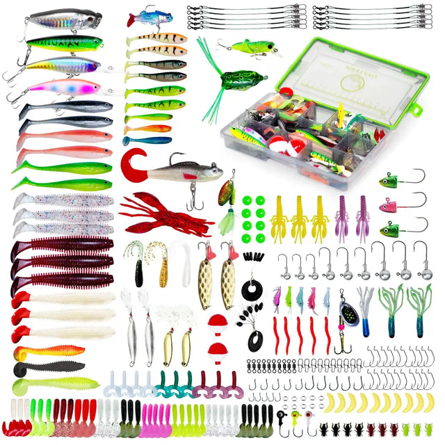A vibrant green and clear plastic tackle box filled with an assortment of colorful fishing lures, hooks, and accessories.