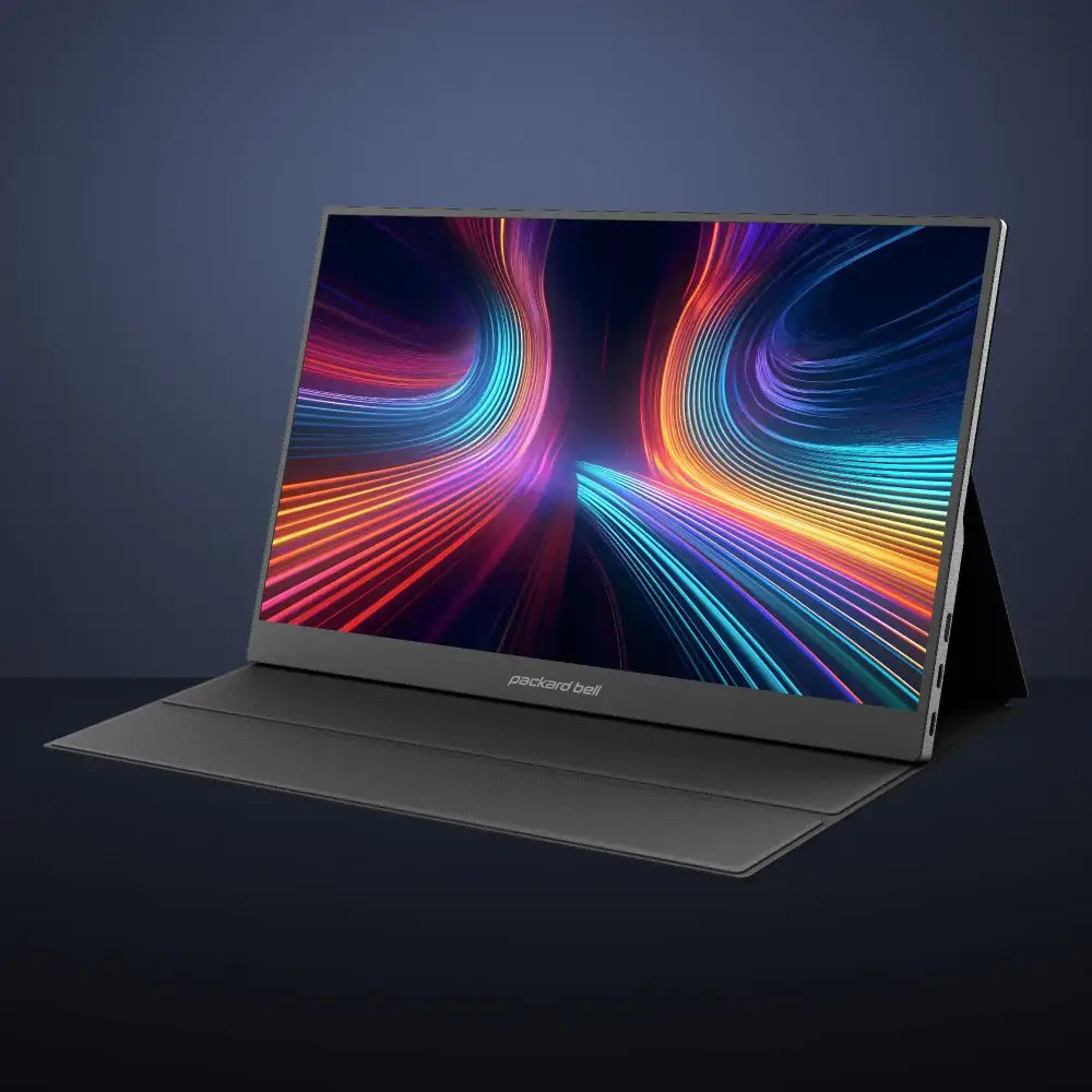 Gray packard bell portable monitor with a vibrant, colorful abstract display on its screen.