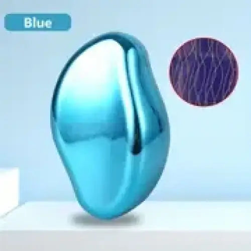 Blue metallic bean-shaped object with a smooth, reflective surface.