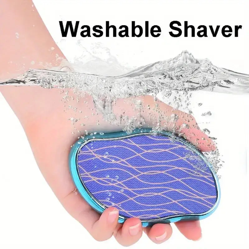 Blue and teal oval-shaped washable shaver with a textured surface featuring white wavy lines.