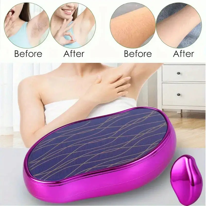 Purple and silver oval-shaped electric epilator with a textured surface.