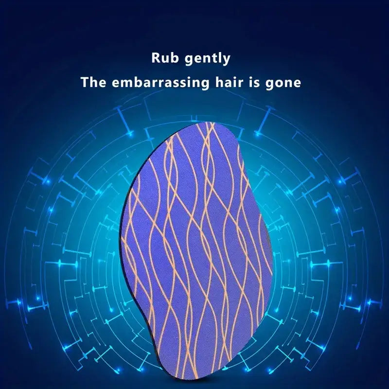 Purple oval-shaped hair removal pad with gold wavy line pattern.