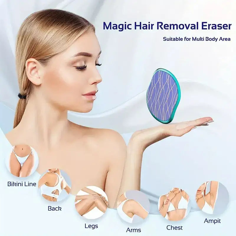 A sleek, oval-shaped magic hair removal eraser with a purple textured surface and teal border.