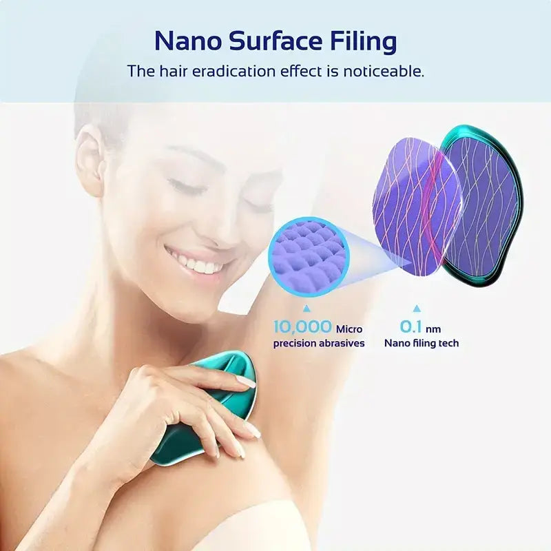Teal-colored handheld nano surface filing device with a textured, abrasive surface for hair removal