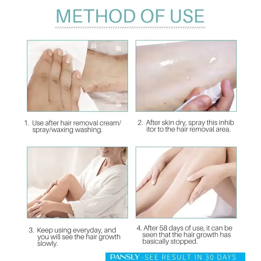 The image displays a clear, white spray bottle labeled as an inhibitor for hair removal.