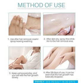The image displays a clear, white spray bottle labeled as an inhibitor for hair removal.