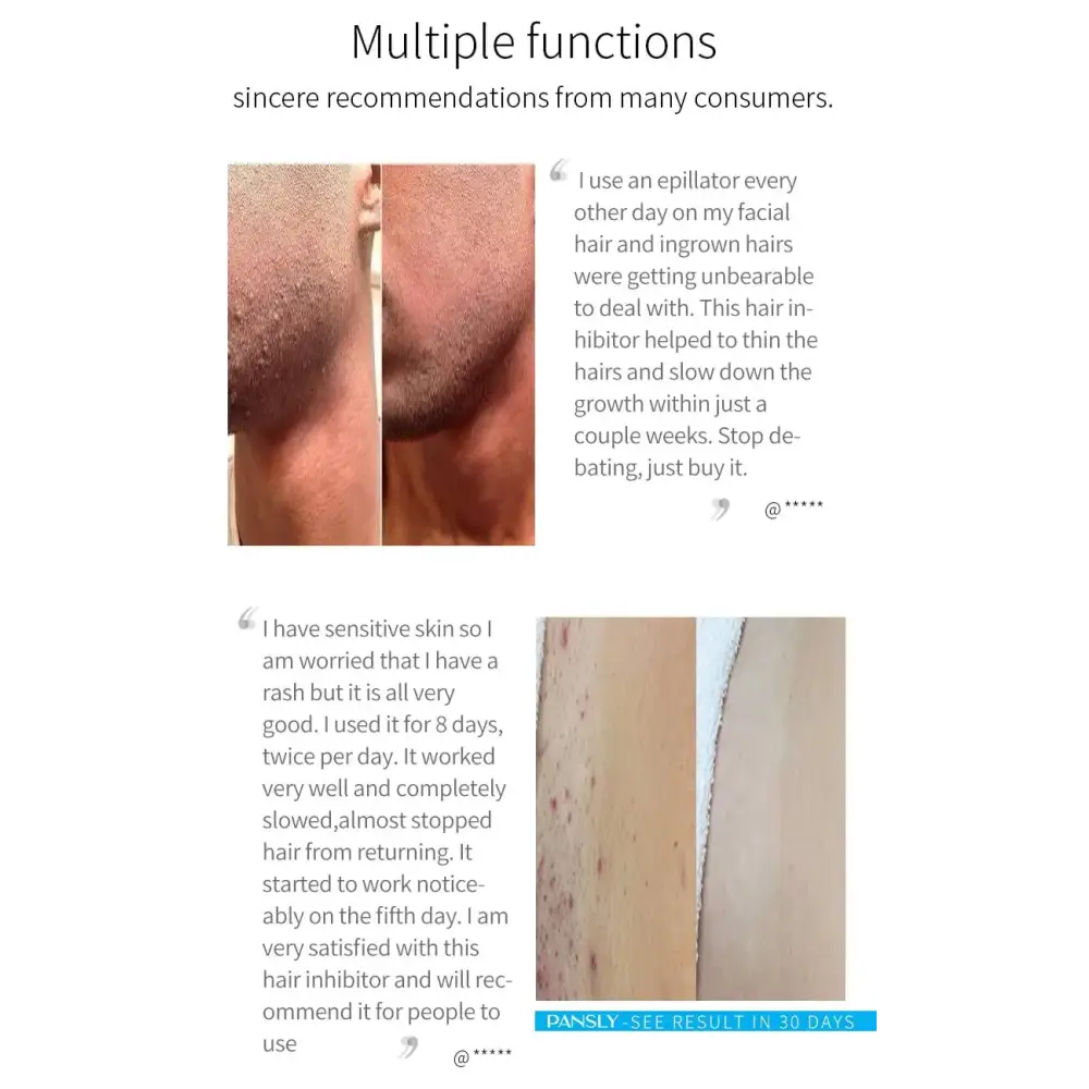 The image displays a product advertisement for the pansly hair inhibitor, featuring before-and-after skin comparisons and customer testimonials.