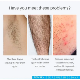 The image displays three close-up photographs of human skin with hair, illustrating common issues related to shaving.