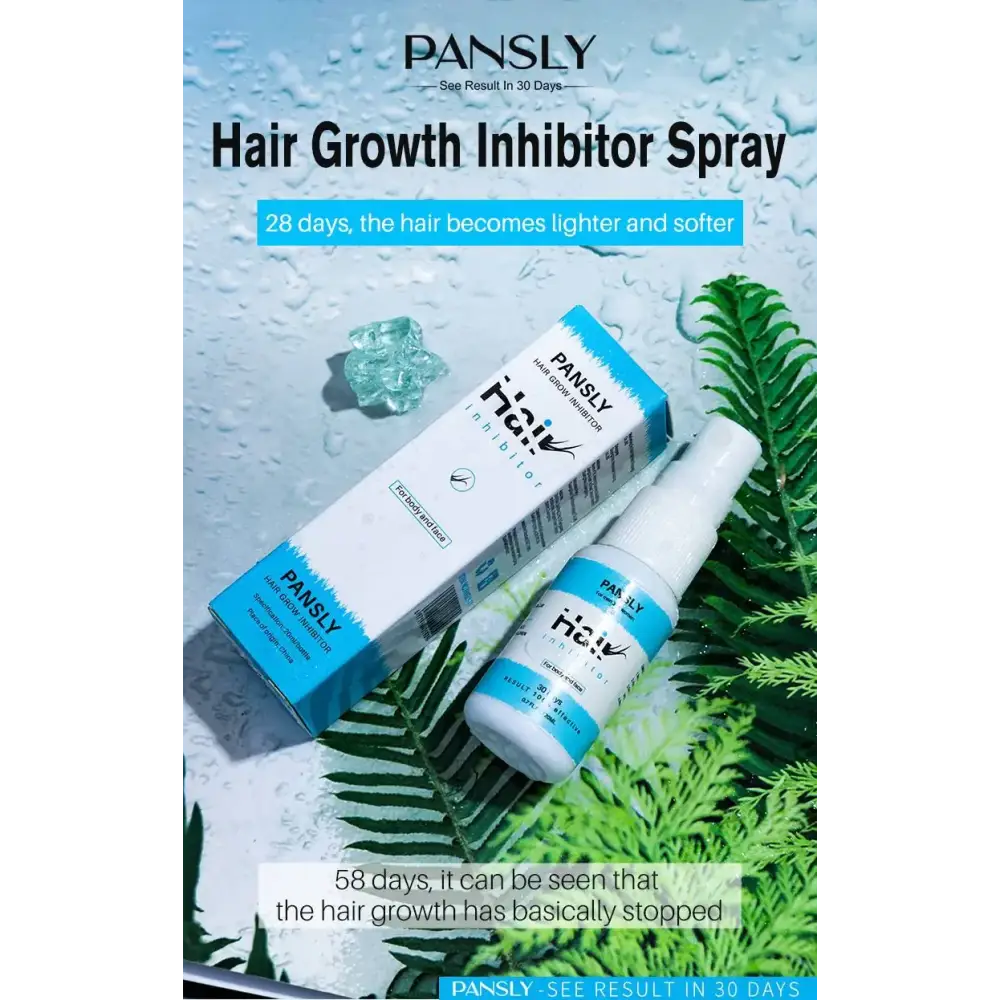 Pansly hair growth inhibitor spray in a sleek white and blue bottle with matching packaging, designed for targeted hair care.