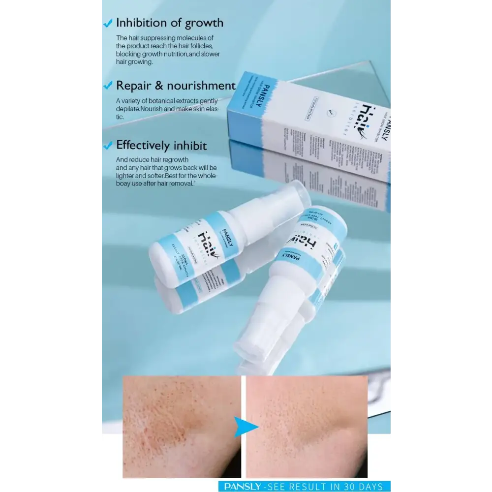 Pansly hair growth serum in white and light blue packaging with a spray nozzle.