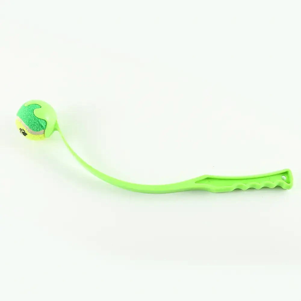 Bright green plastic cat toy with a textured ball and ergonomic handle.