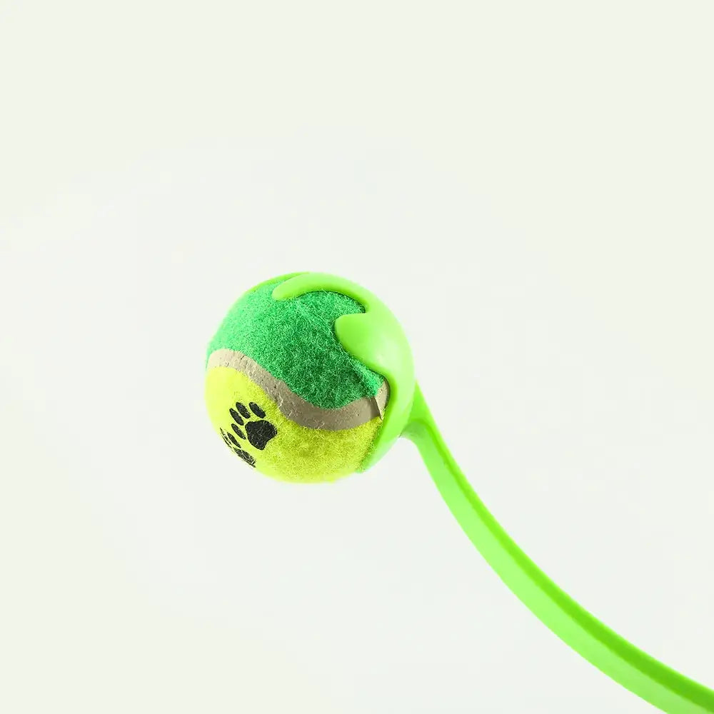Bright green tennis ball toy with a paw print design and attached to a matching green handle.