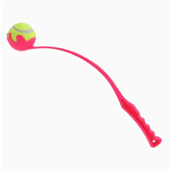 Pink silicone tennis ball launcher with a neon green and gray tennis ball design.
