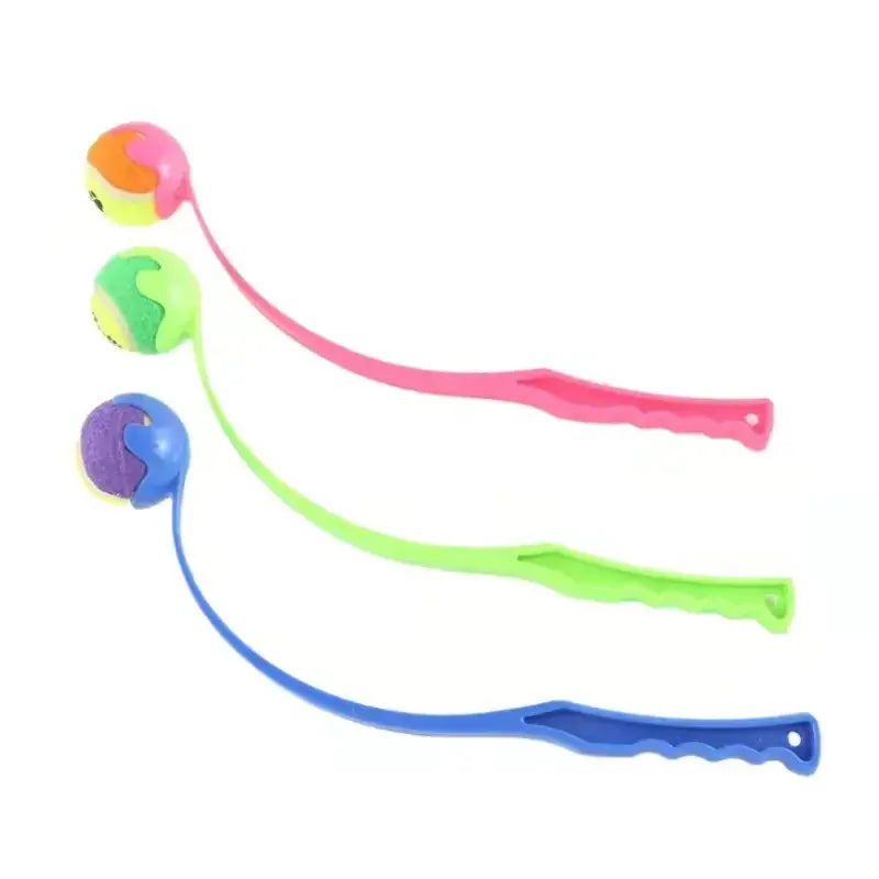 Three colorful, flexible plastic cat toys with spherical heads and elongated handles in pink, green, and blue.