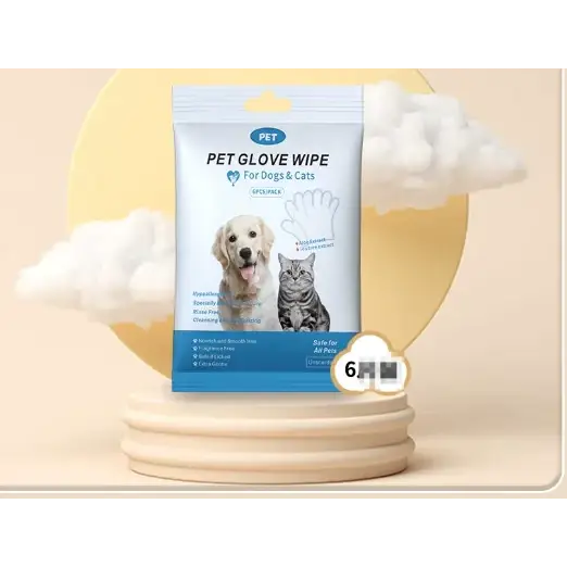 Pet brand pet glove wipe package for dogs and cats, featuring a white and blue design with images of a golden retriever and tabby cat.