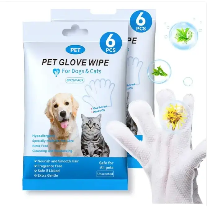 White pet glove wipe for dogs and cats, featuring a soft textured surface with gentle cleaning properties.