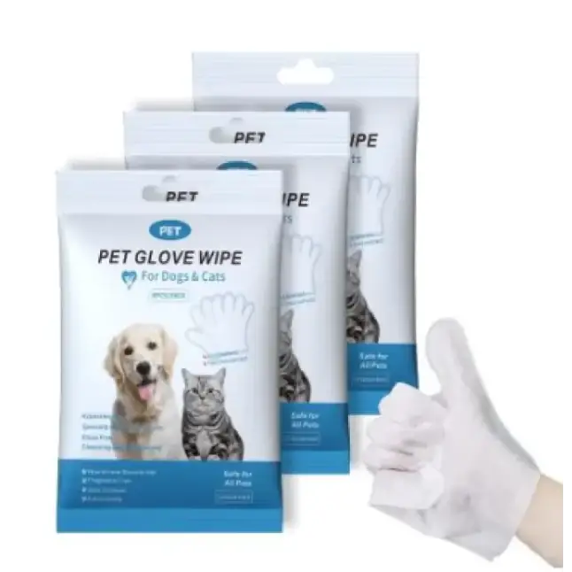 White pet glove wipe, designed for cleaning dogs and cats.