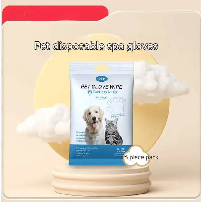 White and blue packaged pet disposable spa gloves for dogs and cats, featuring a 6-piece pack with hypoallergenic and gentle cleaning properties.