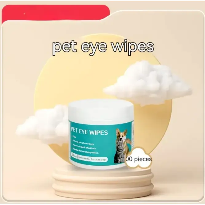 A cylindrical container of pet eye wipes with a white lid and teal label featuring images of a dog and cat.