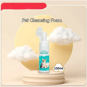 White plastic bottle with a pump dispenser, labeled ’pet paw cleaner foam’ and featuring an illustration of a dog and cat on its teal label.