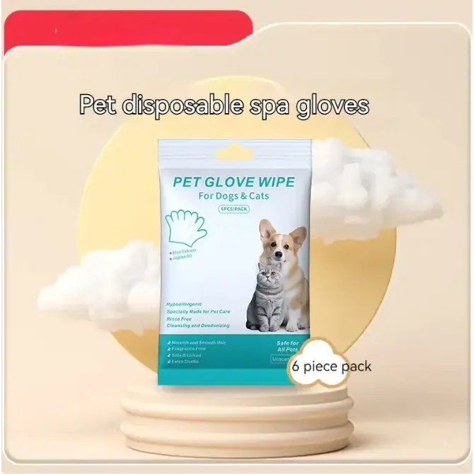 A package of pet disposable spa gloves, featuring a white and teal design with images of a dog and cat.