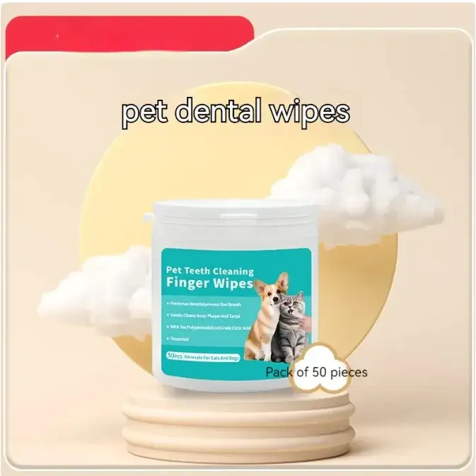 White plastic container of pet dental wipes with teal label featuring images of a dog and cat.