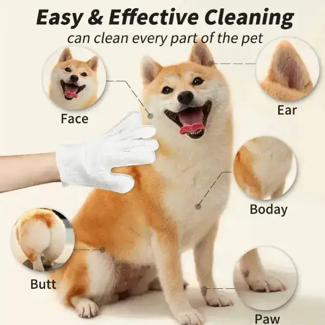 White cleaning glove designed for pet grooming, shown being used on a shiba inu to demonstrate its effectiveness across various body parts.
