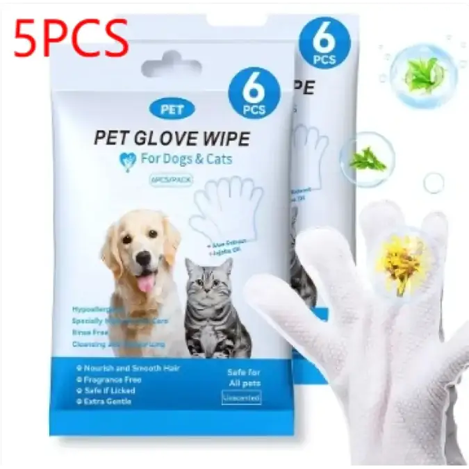 White pet glove wipe for dogs and cats, packaged in a blue and white pouch with images of a golden retriever and tabby cat.