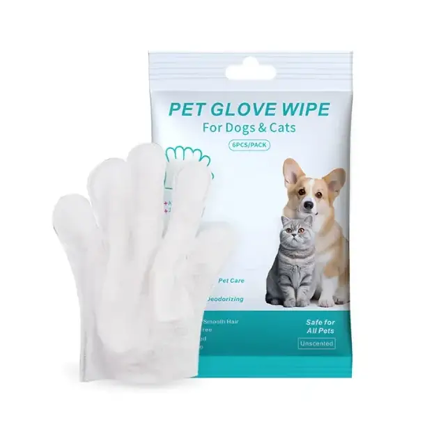 White pet glove wipe for dogs and cats, packaged in a teal and white pouch with images of a corgi and cat.
