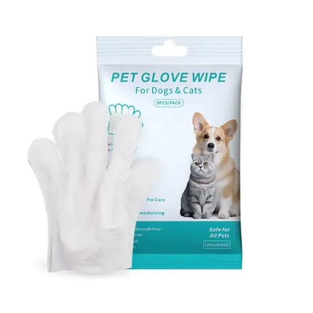 White pet glove wipe for dogs and cats, packaged in a teal and white pouch with images of a corgi and cat.