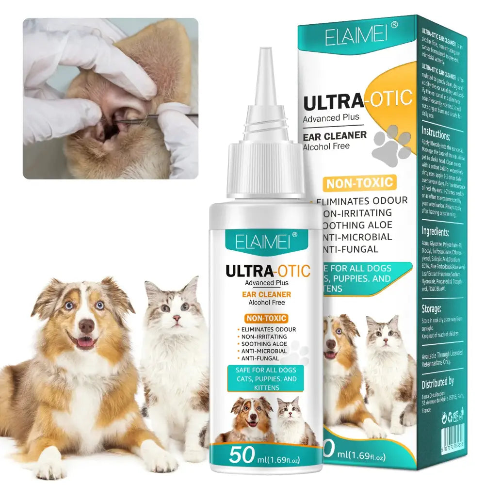 Elaimi ultra-otic advanced plus ear cleaner, a 50ml alcohol-free solution in a white bottle with teal and orange labeling, designed for safe use on cats, dogs, puppies, and kittens.