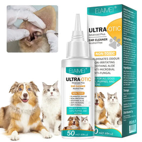 Elaimi ultra-otic advanced plus ear cleaner, a 50ml alcohol-free solution in a white bottle with teal and orange labeling, designed for safe use on cats, dogs, puppies, and kittens.