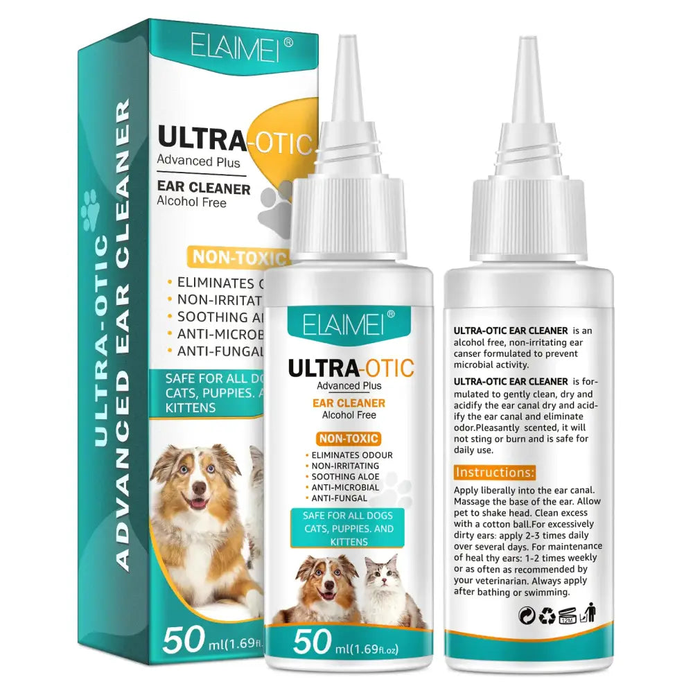 Elaine ultra-otic advanced plus alcohol-free ear cleaner in a white bottle with teal and yellow labeling, designed for dogs, cats, puppies, and kittens.