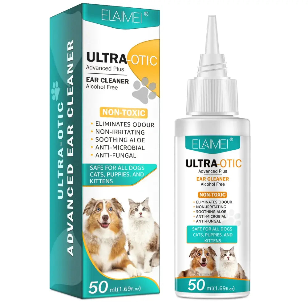 Elaimei ultra-otic advanced plus ear cleaner in a clear bottle with white cap and teal label, alcohol-free formula safe for dogs, cats, puppies, and kittens.
