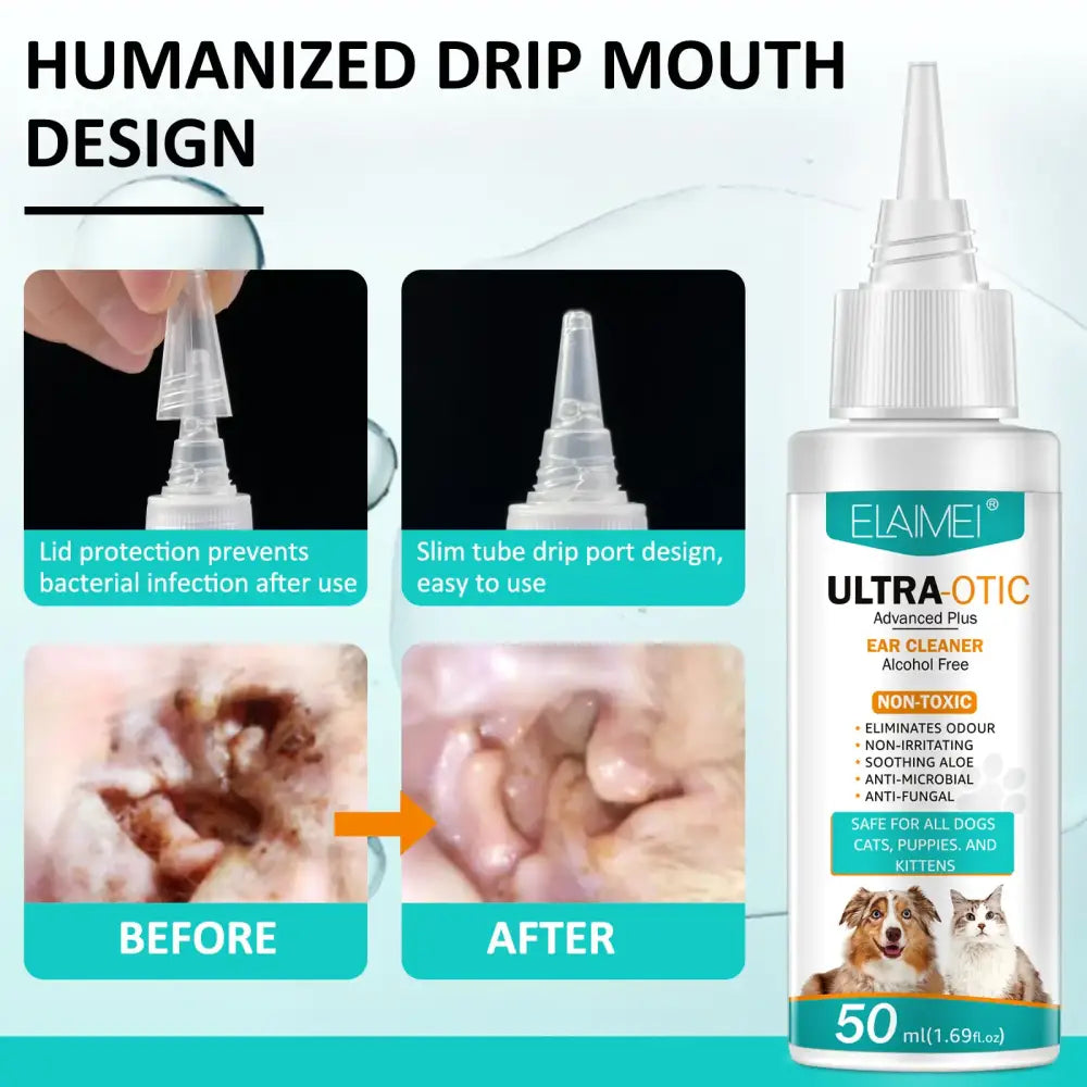 White plastic bottle with a clear dropper tip, labeled ’elaimei ultra-otic advanced plus ear cleaner’ for use on dogs and cats.