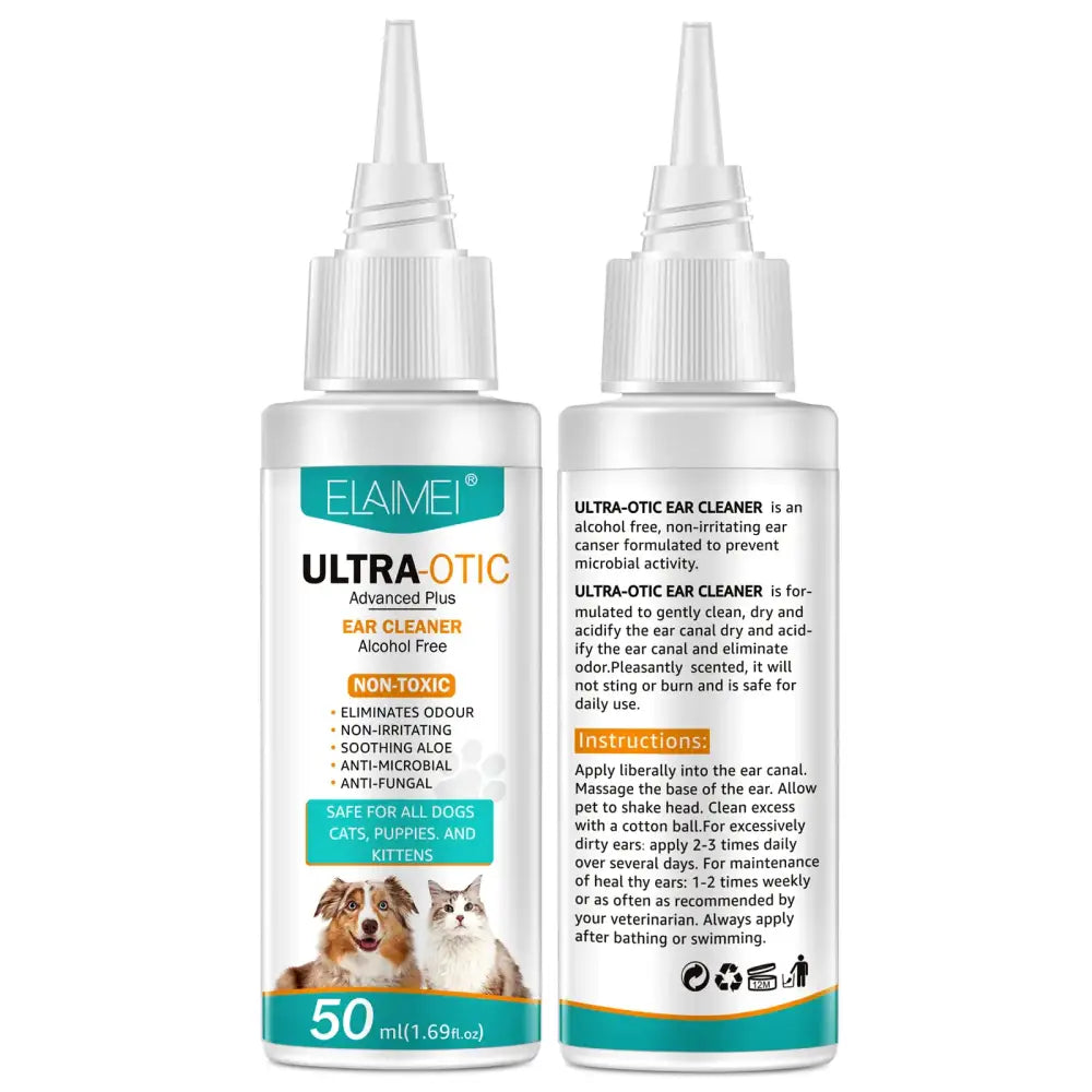 White plastic bottle with a teal and white label, featuring the brand name ’elaimei’ and product title ’ultra-otic ear cleaner,’ designed for use on dogs, cats, puppies, and kittens.