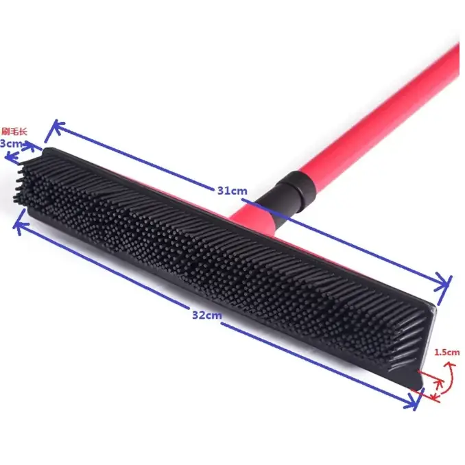 Black rubber-bristled floor squeegee with a red handle