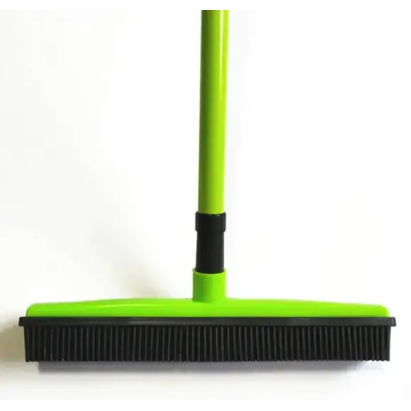 Bright green plastic squeegee with black rubber bristles and a black grip section.