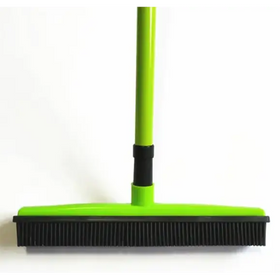 Bright green plastic squeegee with black rubber bristles and a black grip section.