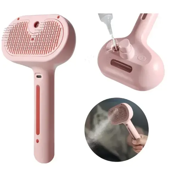 Pink electric pet grooming brush with a detachable nozzle and adjustable settings for brushing, detangling, or steam cleaning.
