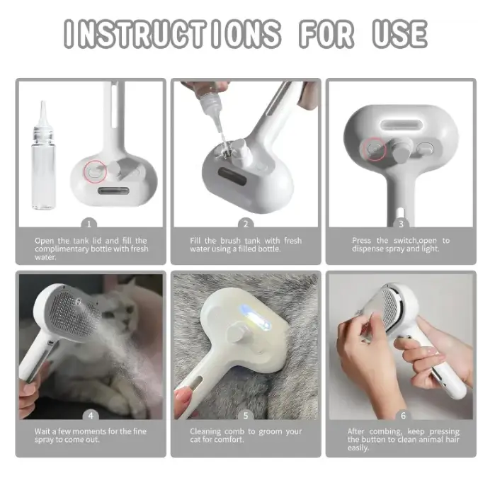 White electric pet grooming comb with a spray function and led light.