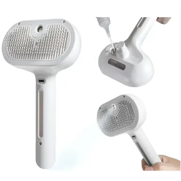 White handheld pet grooming tool with a textured, grid-like brush head and smooth plastic handle.