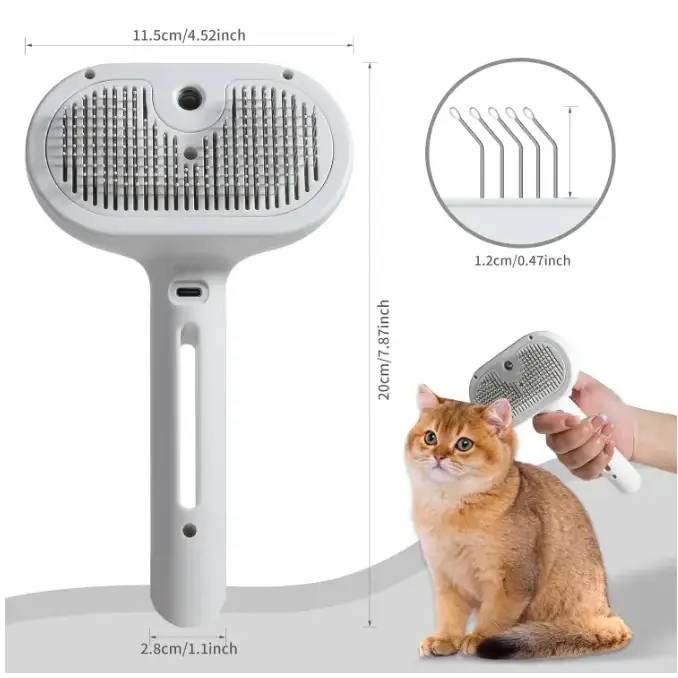 White plastic pet grooming brush with a sleek, ergonomic handle and a wide head featuring dense bristles for effective fur removal.