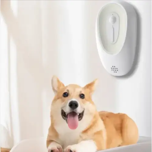 White wall-mounted pet doorbell with circular button and speaker grille