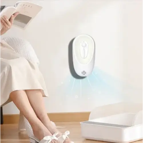 White wall-mounted air purifier with a sleek oval design and subtle blue light emission.