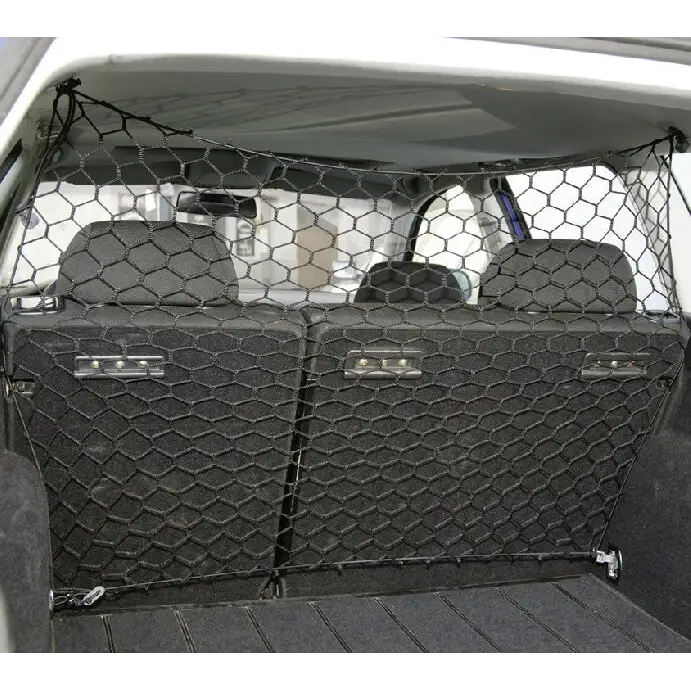 Black hexagonal mesh cargo net installed across the rear of a vehicle.