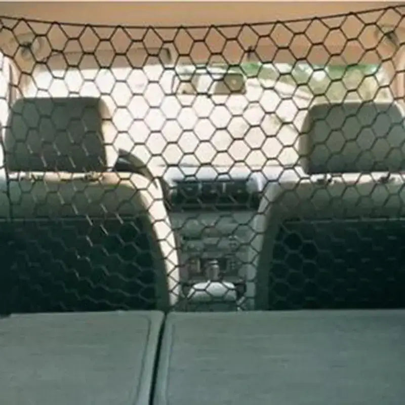 Black hexagonal mesh car rear cargo net.