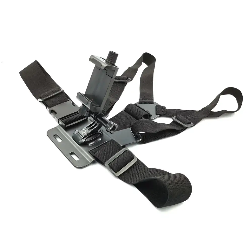 Black adjustable chest harness with a phone mount and mounting plate.