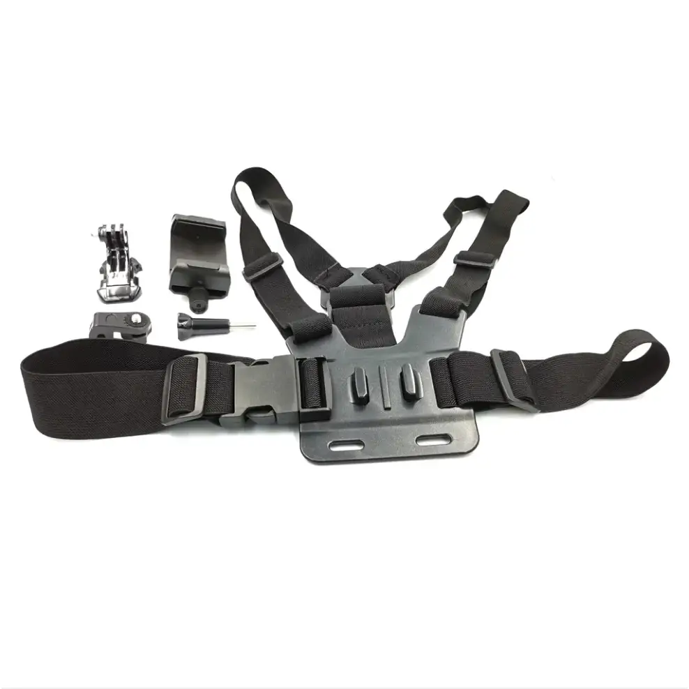 Black adjustable chest harness with mounting plate and included accessories for action cameras.